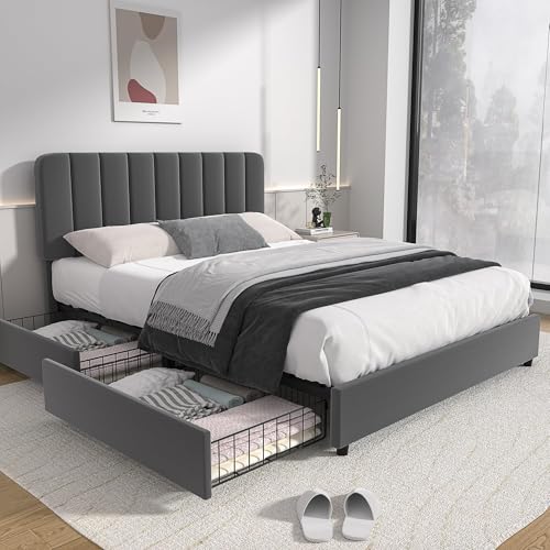 VECELO Polsterbett 140 x 200 cm Doppelbett mit 4 Stauraum Schubladen und Höhenverstellbarem Kopfteil, Stabiler Bettrahmen mit Lattenrost und Bettkasten, Samt, Ohne Matratze, Grau