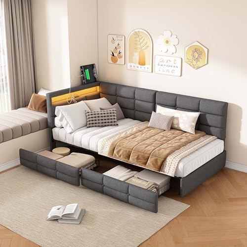Einzelbett Polsterbett 90x200, Schlafsofa Bett mit 2 Schubladen, Daybett mit LED und USB Typ C Ladefunktion, Gästebett jugendbett Kinderbett mit Lattenrost, Leinen, ohne Matratze (Grau, 90x200 cm)