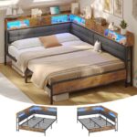 Polsterbett Schlafsofa 140x200 mit 6 Staufächern Jugendbett 140x200 mit LED-Beleuchtung Tagesbett mit Steckdosen Gästebett Bettgestell mit Lattenrost aus Metall, Ohne Matratze (Grau)