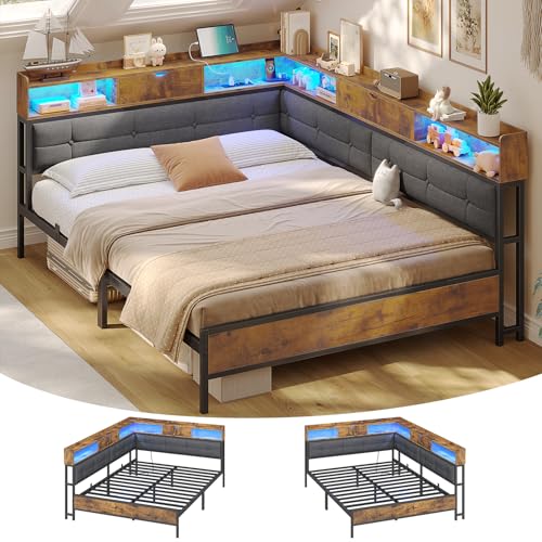 Polsterbett Schlafsofa 140x200 mit 6 Staufächern Jugendbett 140x200 mit LED-Beleuchtung Tagesbett mit Steckdosen Gästebett Bettgestell mit Lattenrost aus Metall, Ohne Matratze (Grau)