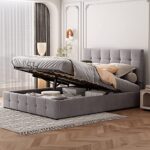 Gegtuon Polsterbett Bett 140x200, Doppelbett mit Kopfteil, Stauraumbett Jugendbett mit Hydraulisch Stauraum Underbett, Funktionsbett Gästebett Bettgestell Lattenrost, ohne Matratze, Samt (Grau)