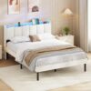 AOGLLATI Polsterbett 140 x 200 cm, Bettrahmen mit LED-Beleuchtung und Ladestation, Bettgestell mit Lattenrost, Jugendbett, Doppelbett mit Kopfteil aus Leinenstoff, Beige Samt(140x200 cm)